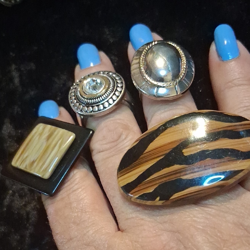 Set of Four Bold Rings with Silver and Wood Patterns